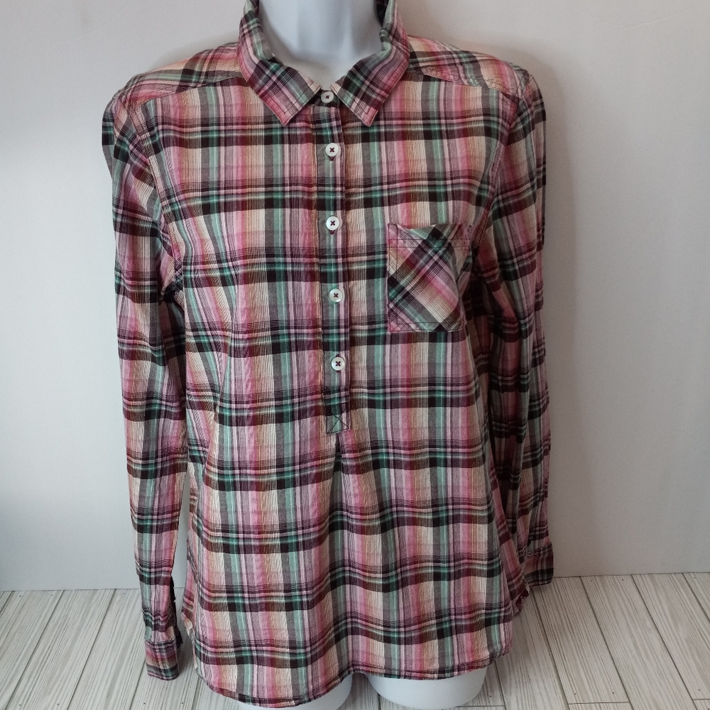 Prana Gina Multicolor Plaid 100% Organic Cotton Top